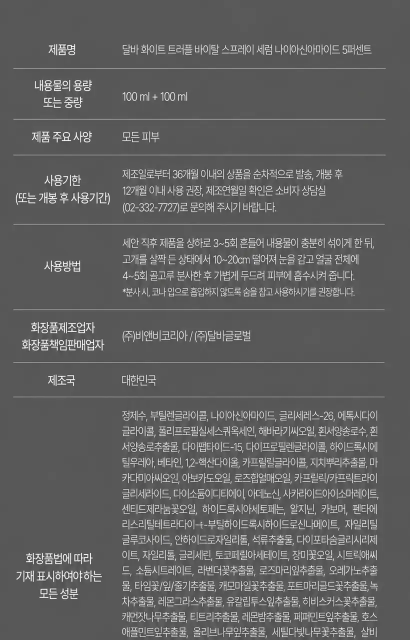 [26년 신형/진정결광] 달바 바이탈 스프레이 세럼 나이아신아마이드 5퍼센트 100ml 더블기획 상세페이지 34